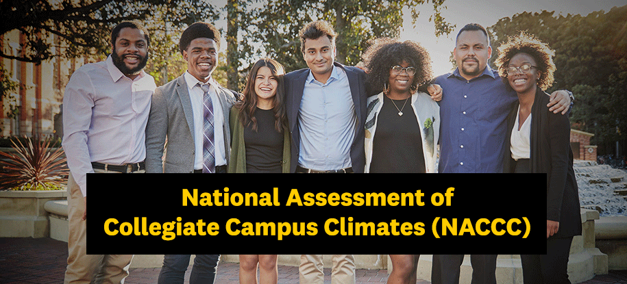 Group of people smiling and National Assessment of Collegiate Campus Climates text over the photo